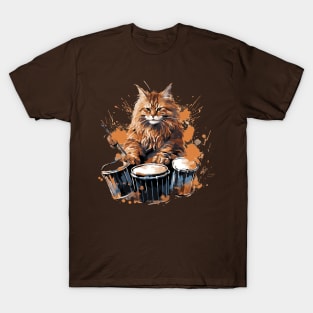 Maine Coon Cat Playing Drums T-Shirt